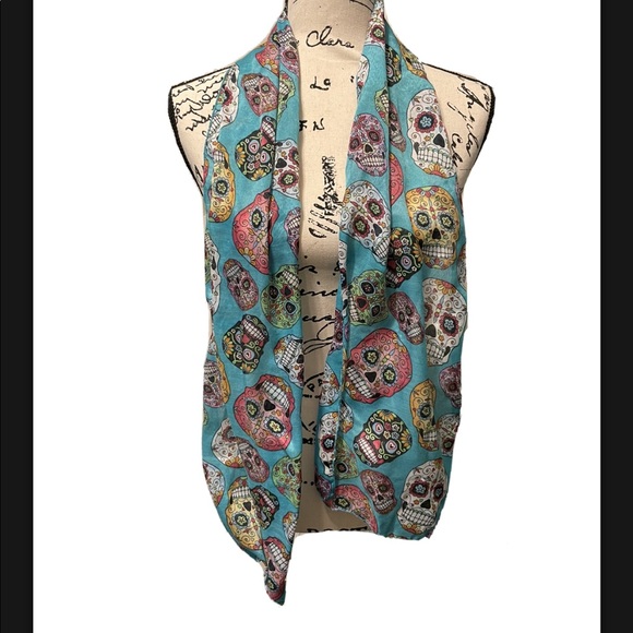 2/$10 Dia de Los Muertos sugar skulls blue scarf - Picture 2 of 4